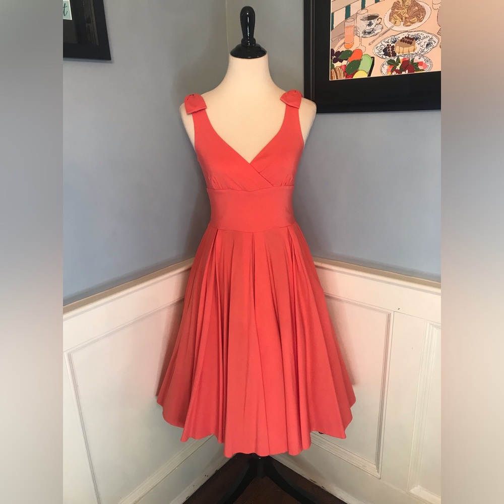 Retro Vintage Style The Pretty Dress Company Coral Swing Dress w/ Bow Shoulder